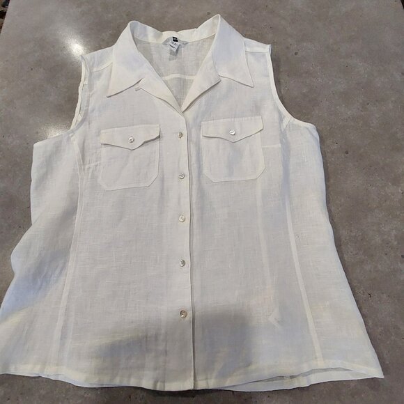 H&M Women's 100% Linen White Button Down Sleeveless Blouse w/Pockets - Size 16 - Picture 2 of 10